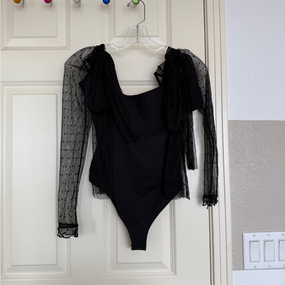 Free People Black Sheer Sleeve Bodysuit